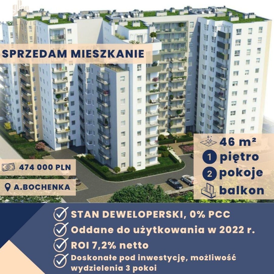 Kraków, Podgórze Duchackie, Adama Bochenka, Nowe pod inwestycję, 3 pokoje na 46 m2, balkon